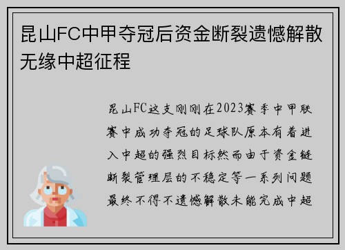 昆山FC中甲夺冠后资金断裂遗憾解散无缘中超征程